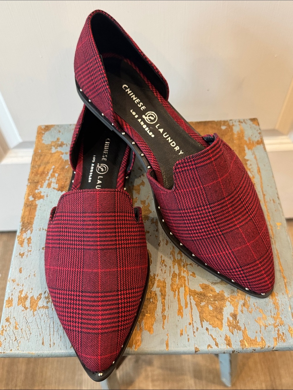 Chinese Laundry Emy Plaid Loafer in Red Black Pointed Toe Flats